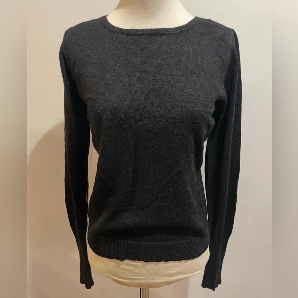 Acrobat Black Cashmere & Silk Crewneck Sweater with Pink Elbow Patches, Size M